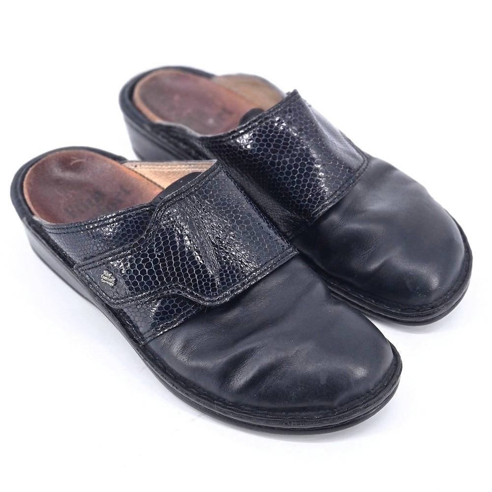 Finn Comfort Amalfi Black Leather Embossed Snake Accent Strap Clog Mule 40 US 9